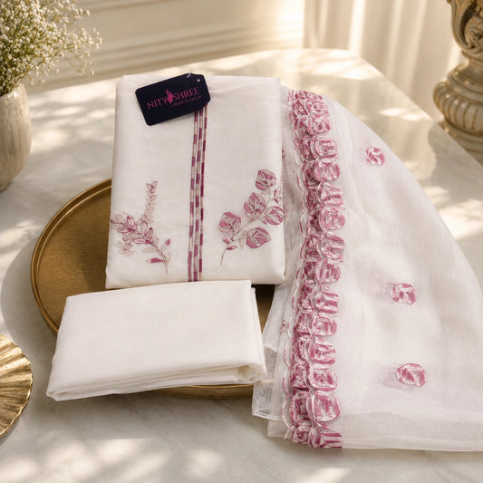 Mul Cotton Rosy Petal Suit with Floral Embroidery