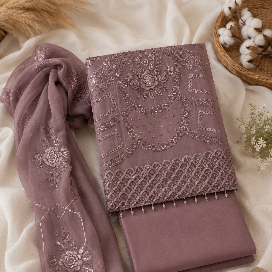A folded dusty purple traditional fabric set with intricate floral embroidery and a matching sheer embroidered dupatta, styled on a cream fabric background with decorative cotton props.