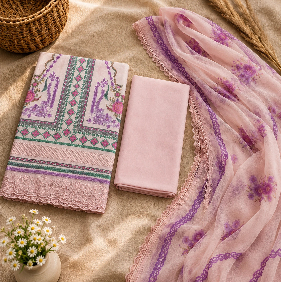 A folded pink fabric set with a patterned matching cloth and a sheer pink dupatta featuring purple floral prints and lace trim, arranged on beige fabric with decorative props including a woven basket, wheat stalks, and a small vase of white flowers.