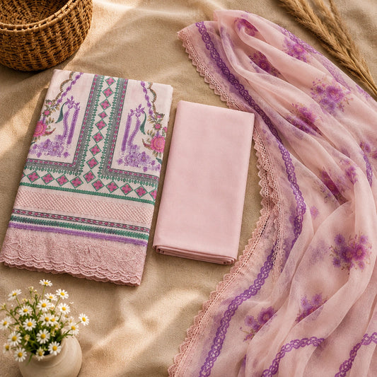 A folded pink fabric set with a patterned matching cloth and a sheer pink dupatta featuring purple floral prints and lace trim, arranged on beige fabric with decorative props including a woven basket, wheat stalks, and a small vase of white flowers.