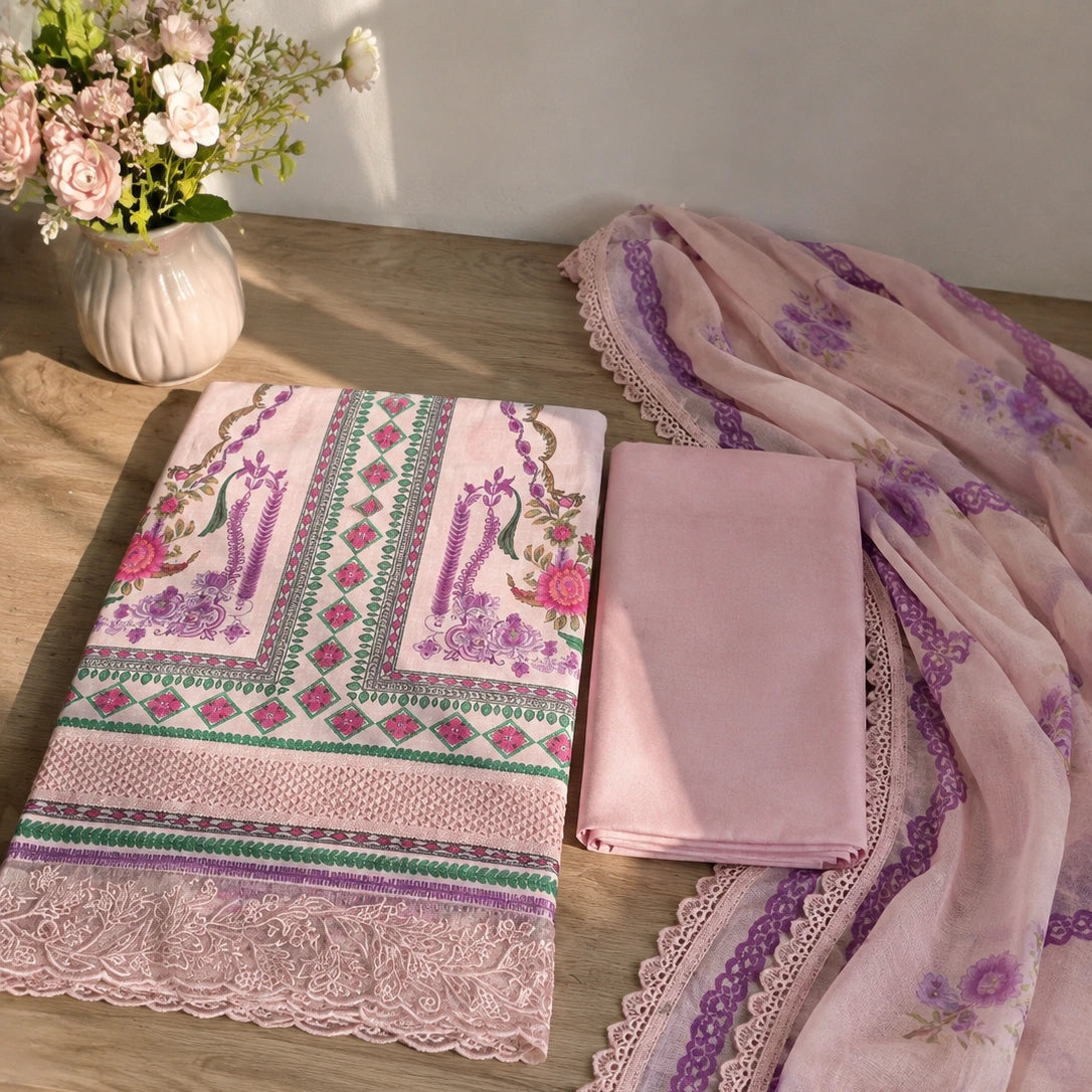 A folded pink fabric set with a patterned textile featuring peacock motifs and geometric borders, alongside a solid pink folded piece and a sheer pink dupatta with purple floral prints and lace trim, arranged on a wooden table with flowers in the background.