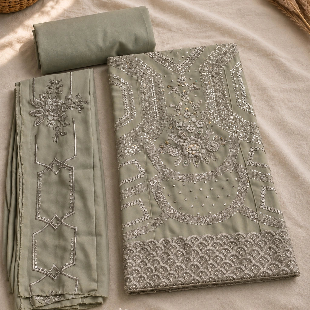 A folded and rolled sage green ethnic suit material set with intricate silver embroidery and sequin work, displayed on a beige fabric background with decorative dried grass and small white flowers.