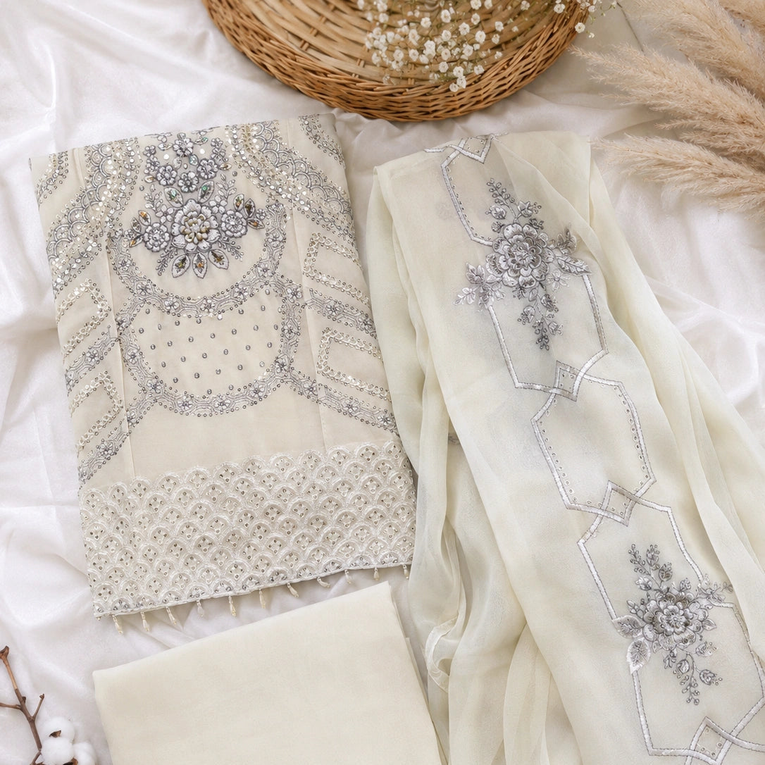 An off-white and silver embroidered fabric set arranged on a white satin background, including a folded embroidered fabric piece, a sheer embroidered scarf, a plain folded fabric piece, and decorative props like a woven basket, cotton bolls, and pampas grass.