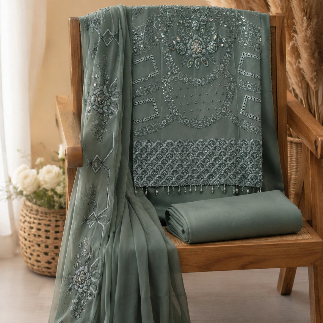 A sage green ethnic fabric set draped over a wooden chair, featuring an embroidered dupatta and a matching folded fabric piece with intricate silver mirror work and floral patterns.