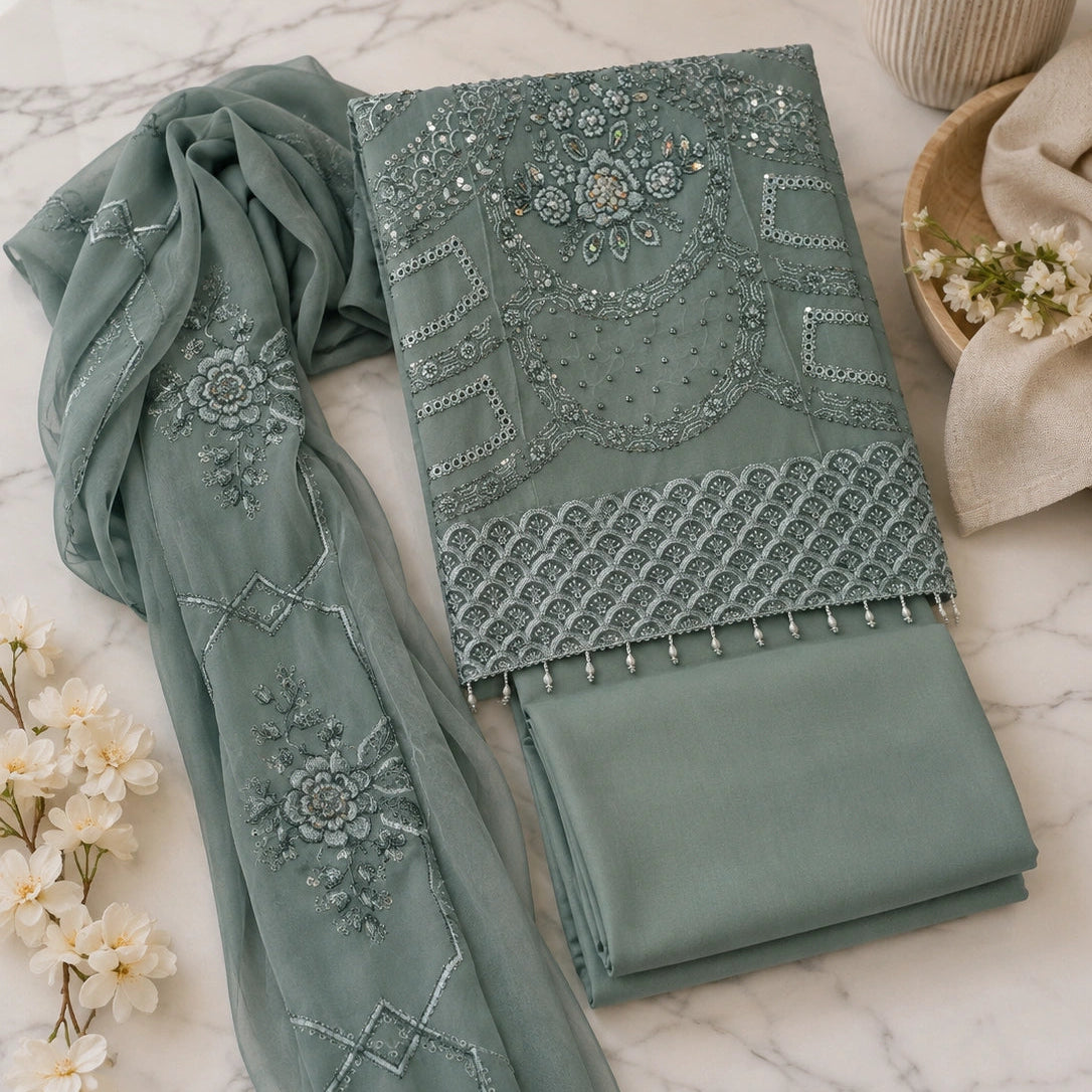 A folded and draped sage green ethnic fabric set with intricate silver embroidery and beadwork, displayed on a white marble surface with decorative dried grass and small white flowers.