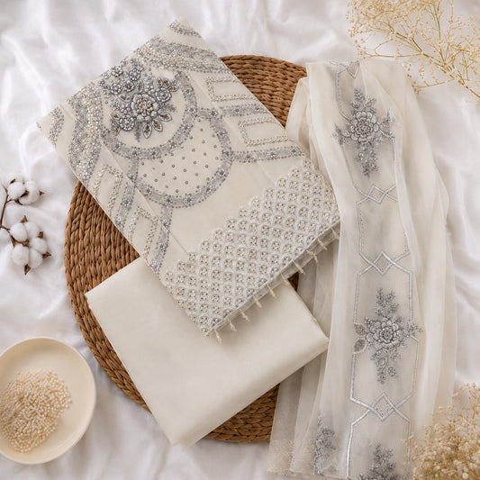 Sequin Embroidered Cotton Suit Fabric with Chiffon Dupatta