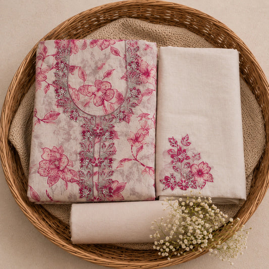 Ivory Rose Floral Printed Cotton Suit Fabric