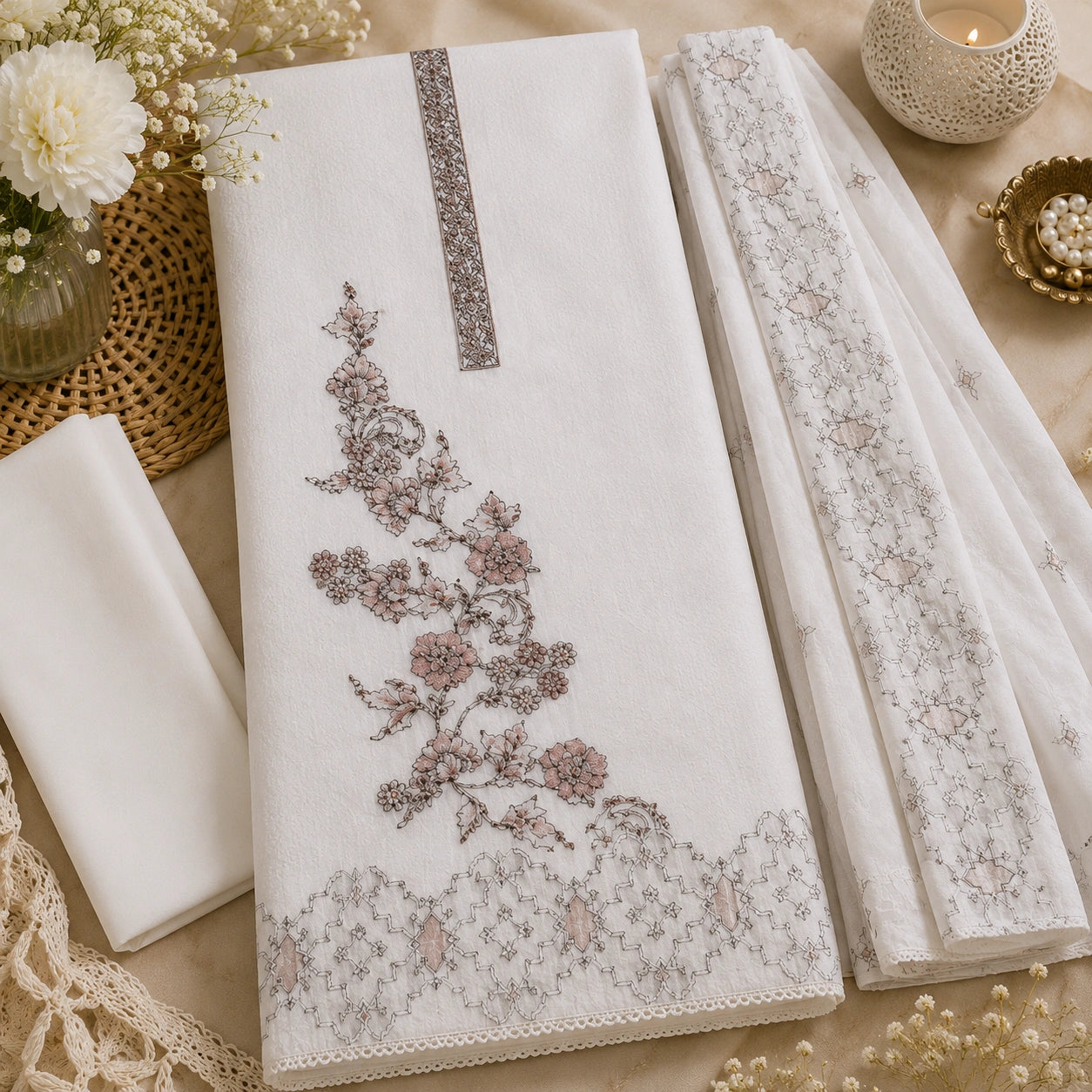 A folded white embroidered fabric set, likely a sari or dress material, displayed on a beige surface with decorative props. The main fabric features floral embroidery in dusty pink and gray, a vertical gray embroidered stripe near the top, and a scalloped lace-like border at the bottom.