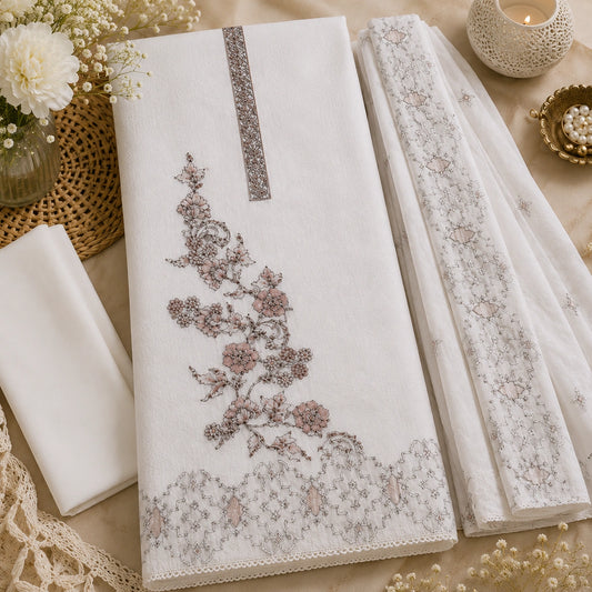 A folded white embroidered fabric set, likely a sari or dress material, displayed on a beige surface with decorative props. The main fabric features floral embroidery in dusty pink and gray, a vertical gray embroidered stripe near the top, and a scalloped lace-like border at the bottom.