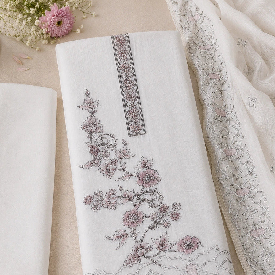 A folded white embroidered fabric piece with floral vine stitching in muted pink and gray, displayed alongside another folded white textile and a draped sheer white fabric with embroidered details on a beige surface.