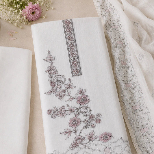 A folded white embroidered fabric piece with floral vine stitching in muted pink and gray, displayed alongside another folded white textile and a draped sheer white fabric with embroidered details on a beige surface.