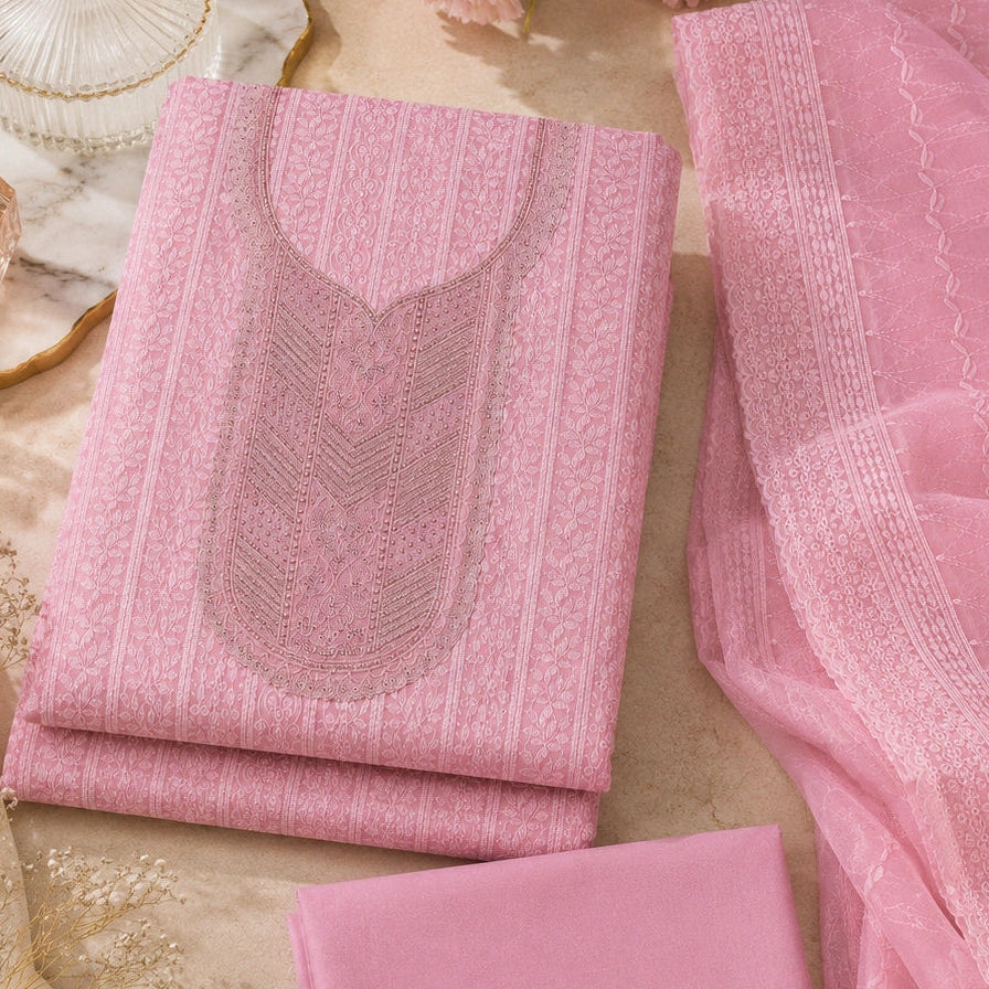A pink traditional Indian salwar kameez fabric set with matching dupatta, featuring intricate embroidery and geometric patterns, styled in a flat-lay arrangement with decorative props.