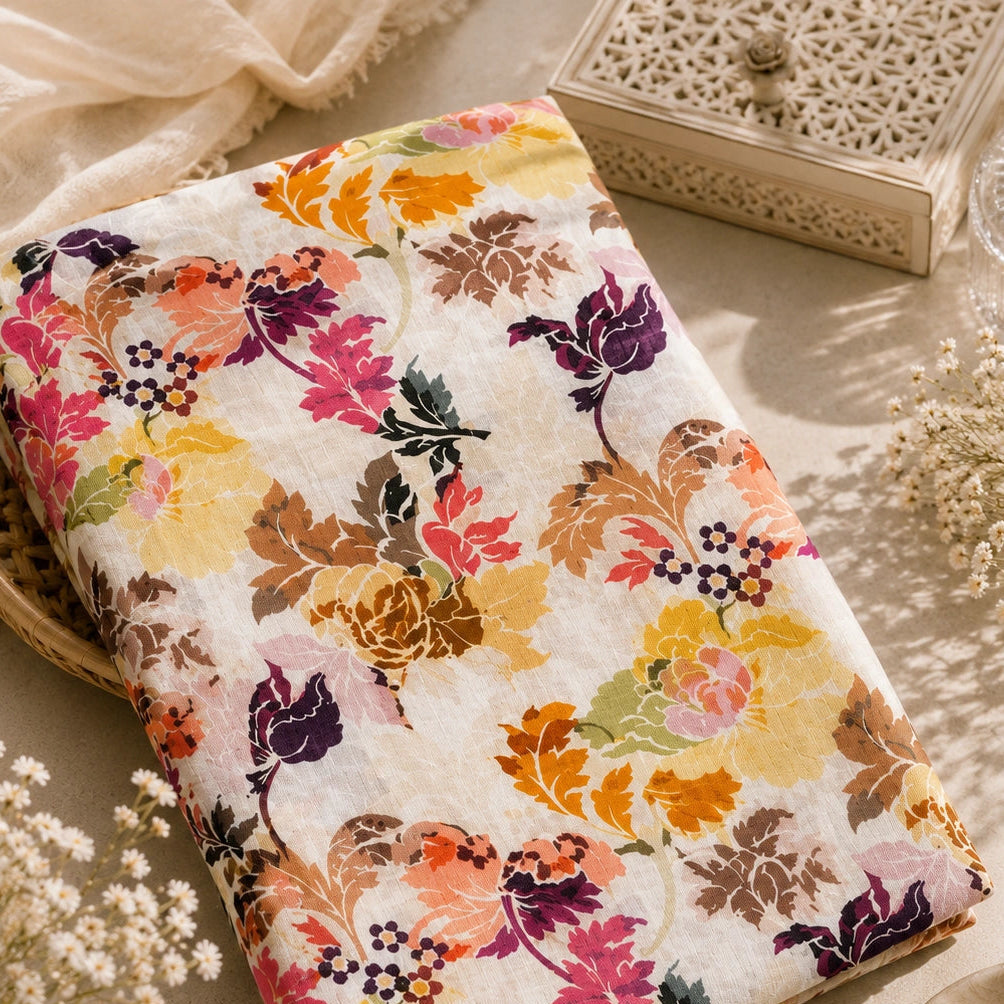 A folded cotton fabric with a vibrant floral print in shades of pink, orange, yellow, purple, and brown on a cream background, styled on a neutral beige surface with decorative props like a lace box, dried flowers, and a pearl dish.