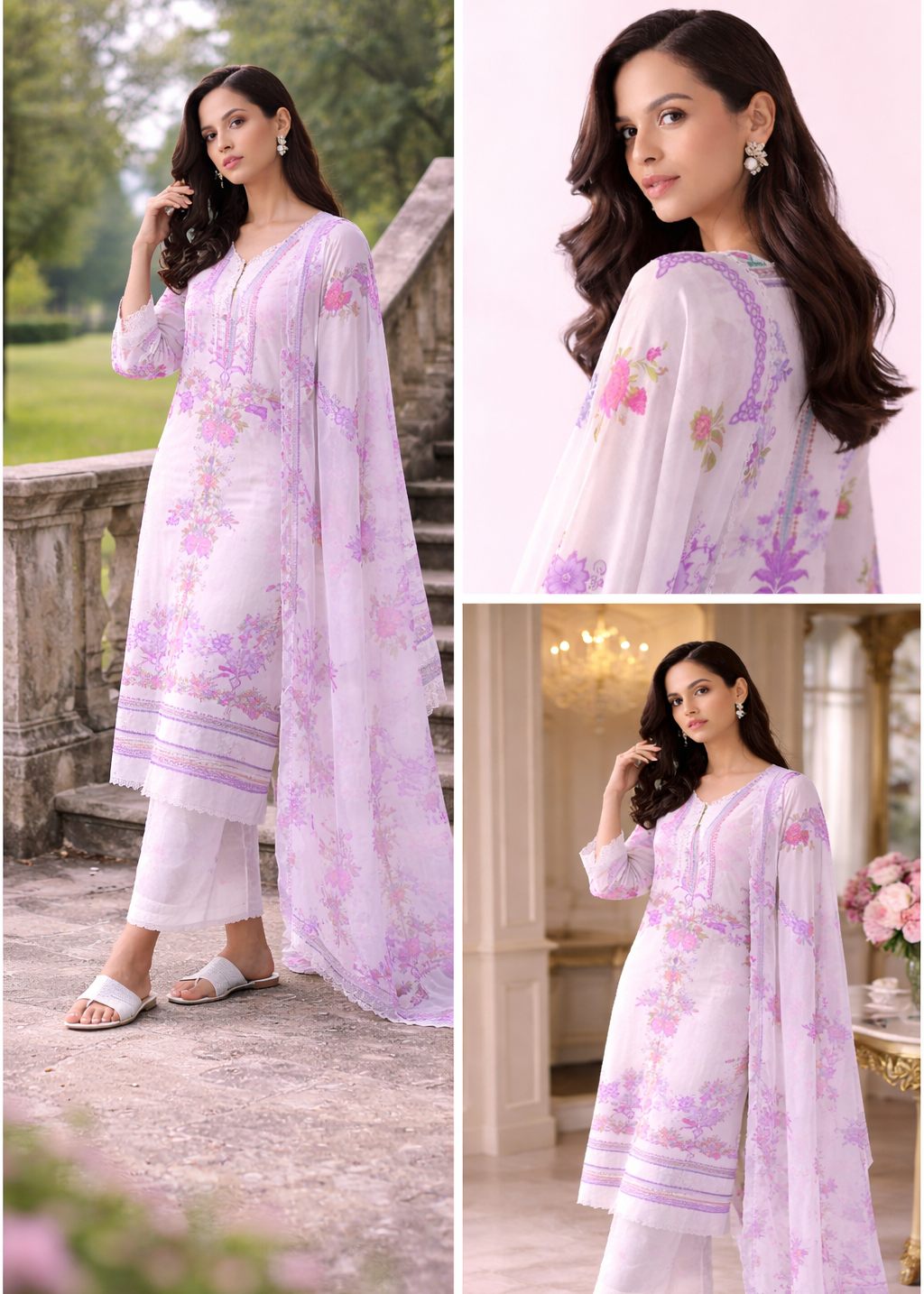 Woman wearing a light purple floral outfit in various settings
