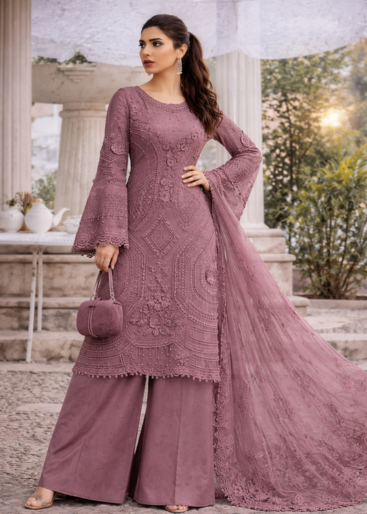Elegant Mauve Embroidered Sharara Suit Set with Dupatta