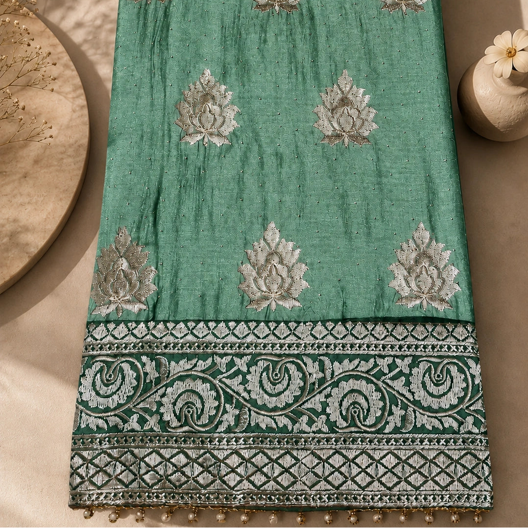 A folded sage green fabric piece with silver and gold floral motifs and a wide ornate patterned border, displayed on a beige surface with decorative props.