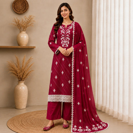 Leheriya-bandhej inspired Floral Embroidered Suit Set