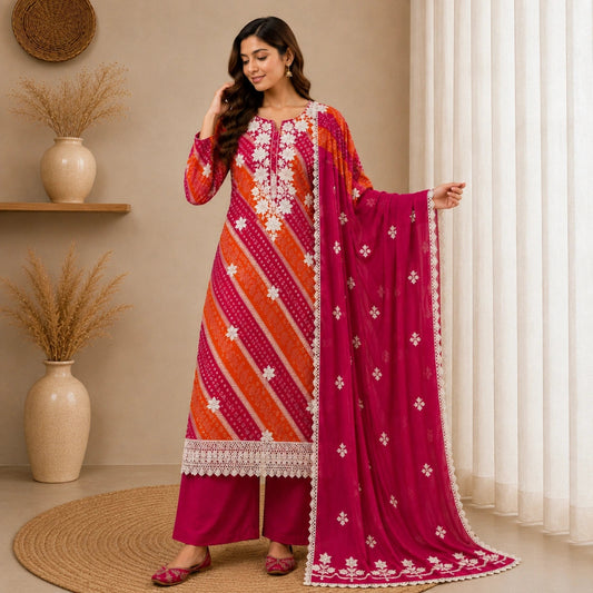 Orange and Pink Bandhani Suit
