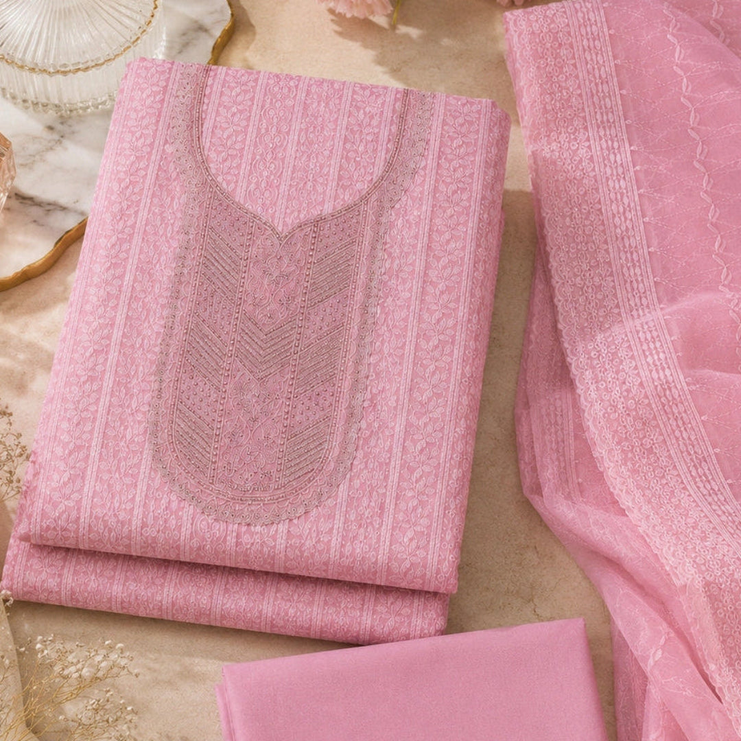 Pink georgette Chikankari suit fabric with elegant embroidery and designer ethnic wear styling for wom