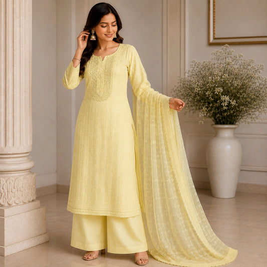 Lemon yellow Chikankari embroidered suit set featuring delicate floral motifs and premium festive wear appeal