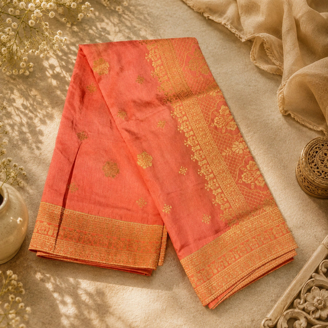 Peach festive suit fabric with golden bootis and embroidered