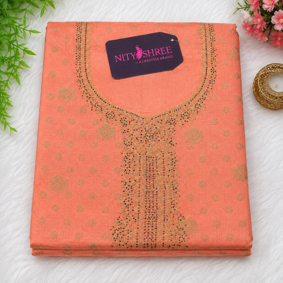 Coral peach ethnic suit set with golden embroidery 