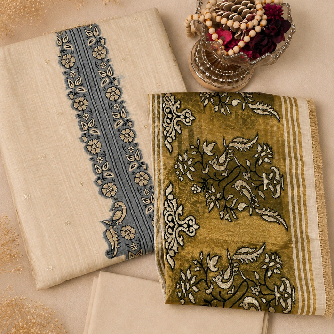 Cream golden Jamdaani suit set with intricate woven detailing, floral border design and premium unstitched ethnic wear fabric for women