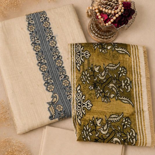 Cream golden Jamdaani suit set with intricate woven detailing, floral border design and premium unstitched ethnic wear fabric for women