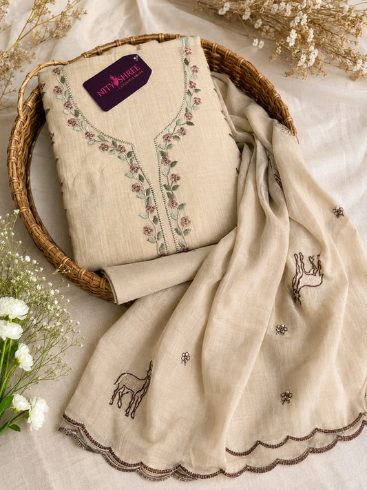 Cream Jamdaani Suit with Elegant Neck Work