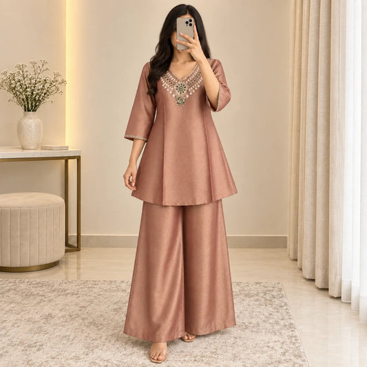 Crushed Co-ord Set with Heavily Embellished Neck