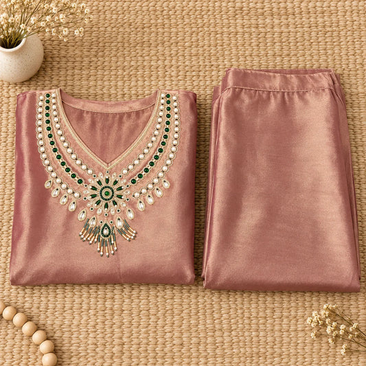Crushed Co-ord Set with Heavily Embellished Neck