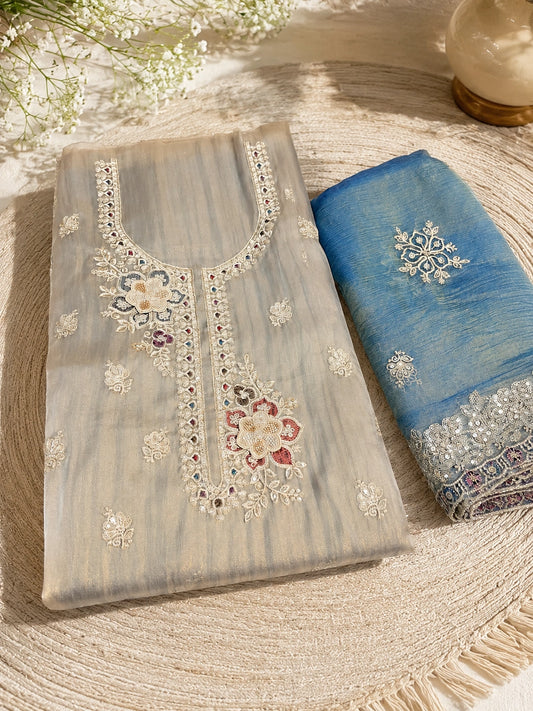 Grey crushed tissue thread work suit set, premium unstitched suit material with dupatta for women