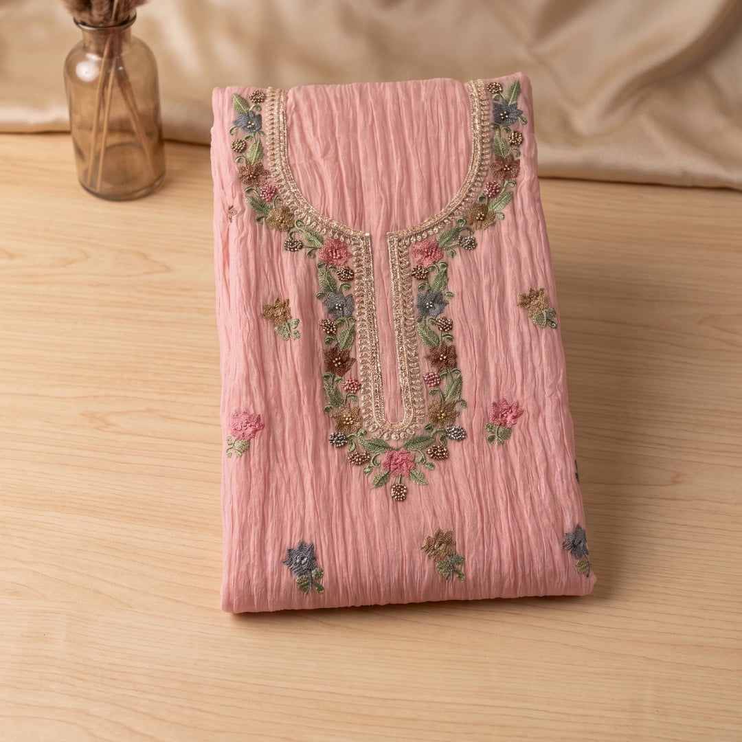 pink floral suit fabric with embroidery, cotton summer suit for women and ethnic wear