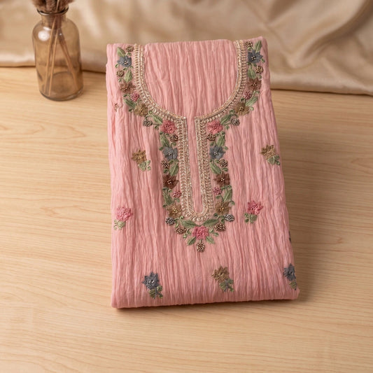 pink floral suit fabric with embroidery, cotton summer suit for women and ethnic wear