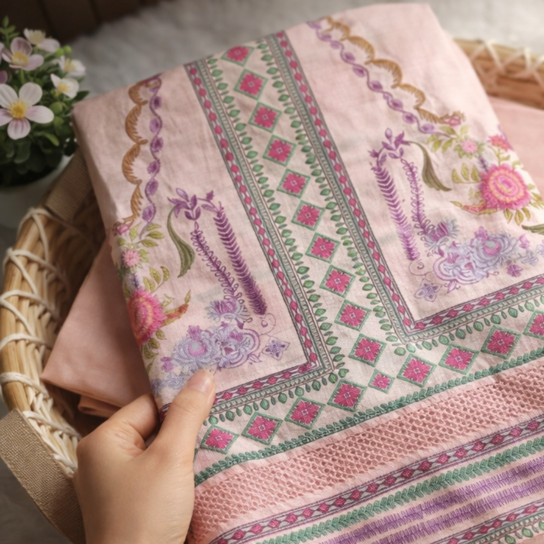 Decorative pink fabric with intricate patterns in a woven basket