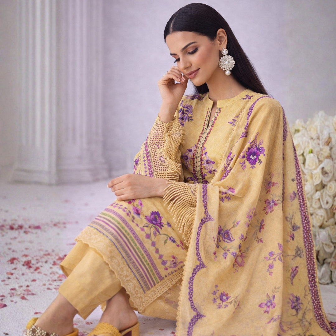 Woman in a yellow embroidered outfit with purple details sitting on a floral-patterned carpet.