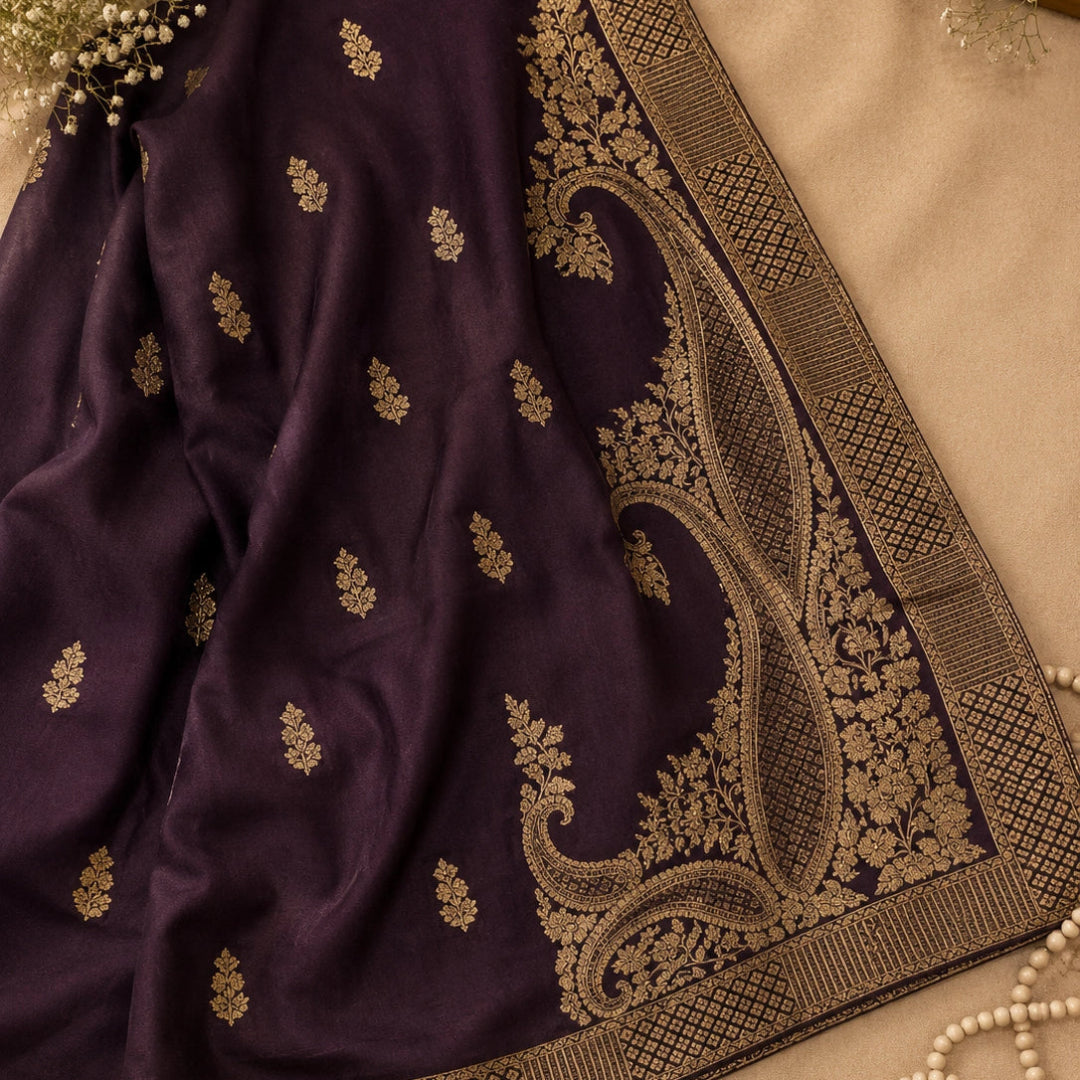 Deep plum heritage brocade with intricate floral zari detailing Dupatta