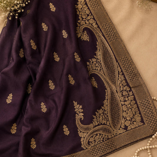 Deep plum heritage brocade with intricate floral zari detailing Dupatta