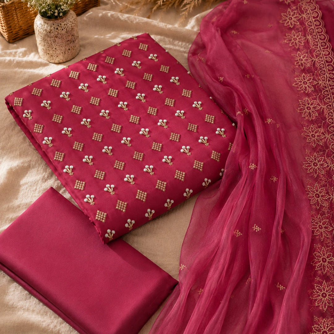 Deep rose pearl embellished suit set with golden work, sheer embroidered dupatta and designer unstitched suit fabric for women