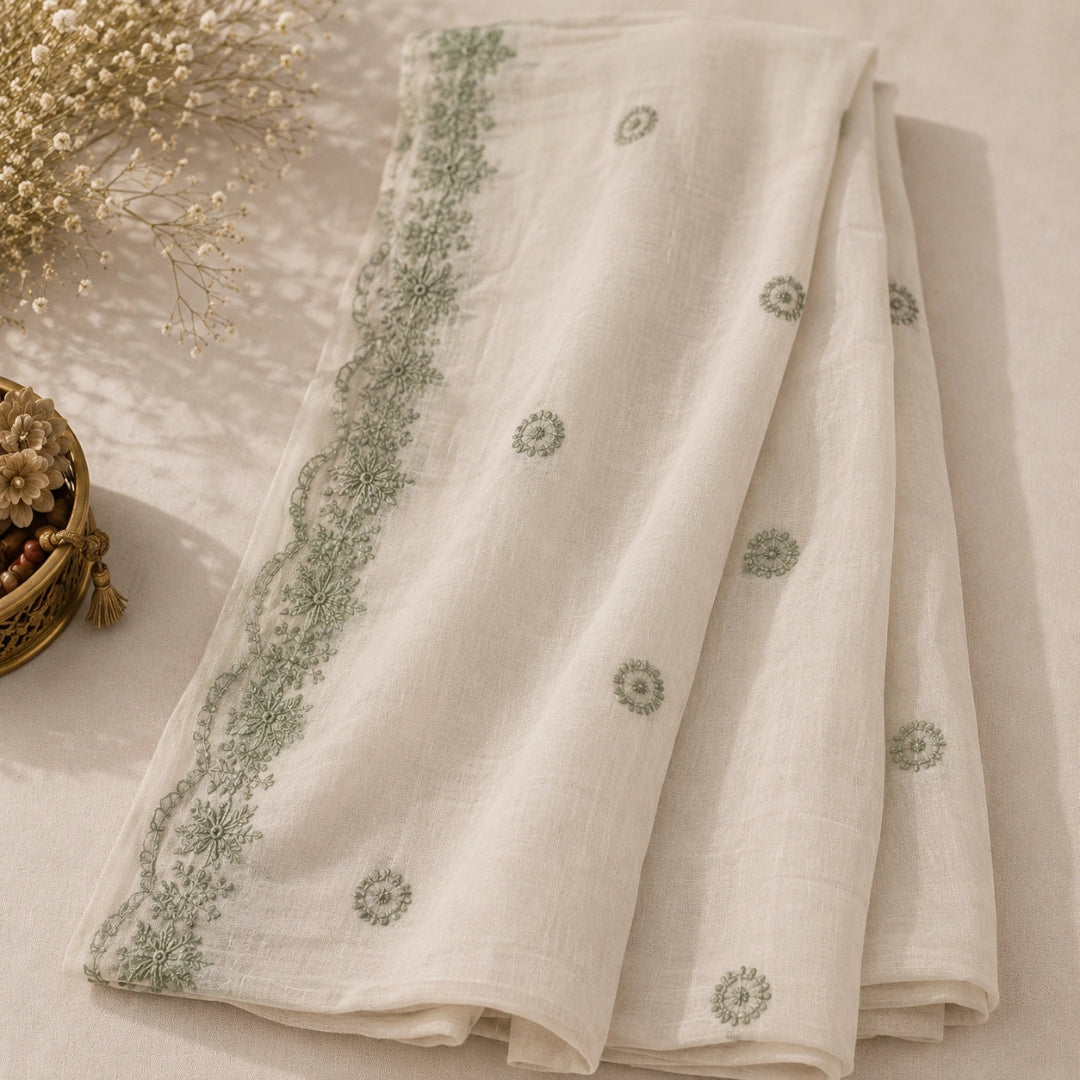 Green floral thread embroidered modal silk suit set with elegant dupatta