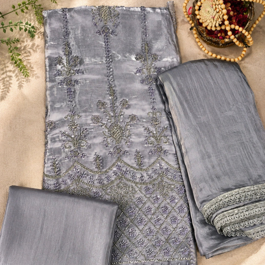 Dusty lavender embroidered suit set with sequin and bead detailing, premium unstitched suit fabric for women with elegant ethnic styling