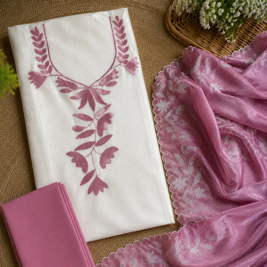 Dusty lilac Vichitra silk suit set with floral embroidery, embellished neckline, scalloped dupatta and premium ethnic wear fabric