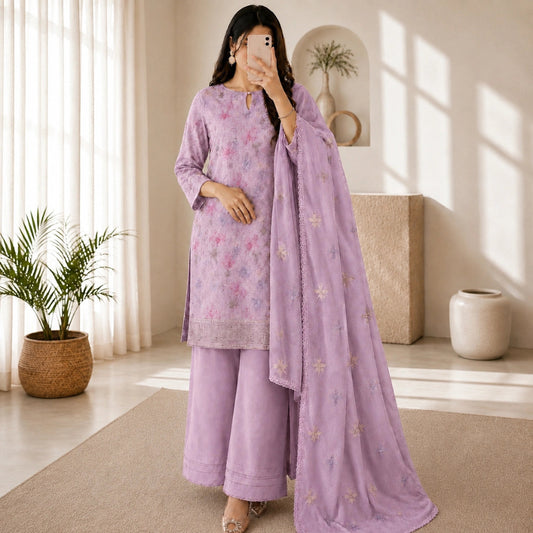 Dusty lilac Jam cotton suit set with multicolor floral thread work motifs, embroidered border, matching dupatta and premium unstitched suit fabric for women by Nityashree