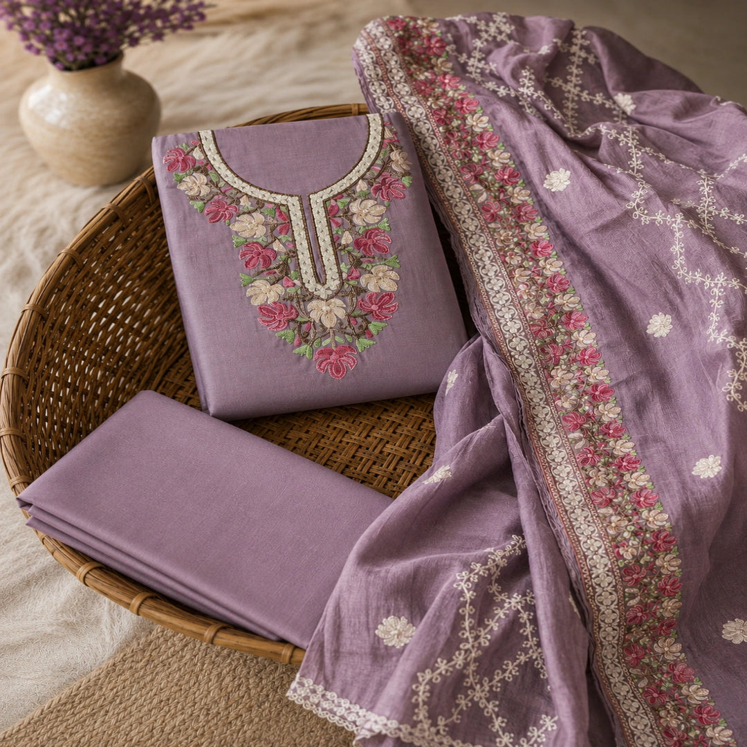Dusty lilac embroidered suit fabric featuring Kashmiri-inspired thread work, floral borders and elegant embroidered dupatta