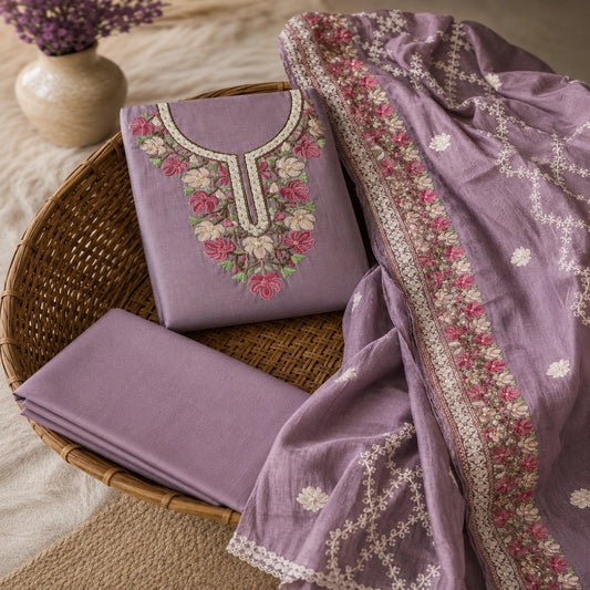 Dusty lilac embroidered suit fabric featuring Kashmiri-inspired thread work, floral borders and elegant embroidered dupatta