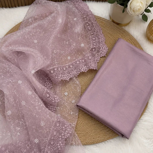 Dusty mauve elegant dress material set featuring monotone embroidery and designer detailing