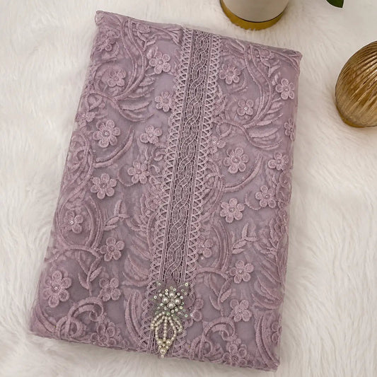 Dusty mauve embroidered suit fabric set with thread work unstitched suit material