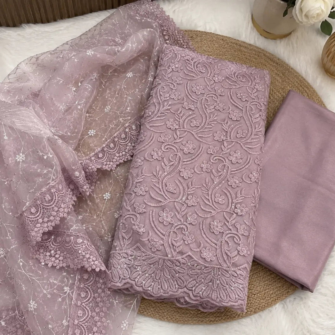Dusty mauve monotone thread work unstitched suit set with dupatta, premium suit fabric for women by Nityashree