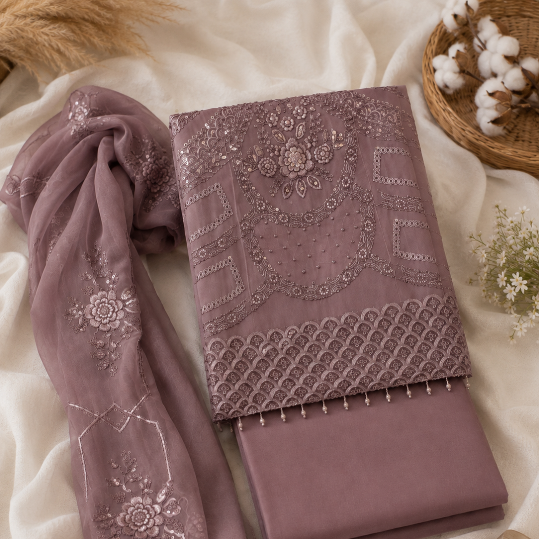 Dusty mauve sequin embroidered cotton suit set with chiffon dupatta, intricate embroidery and premium unstitched suit fabric for women by Nityashree