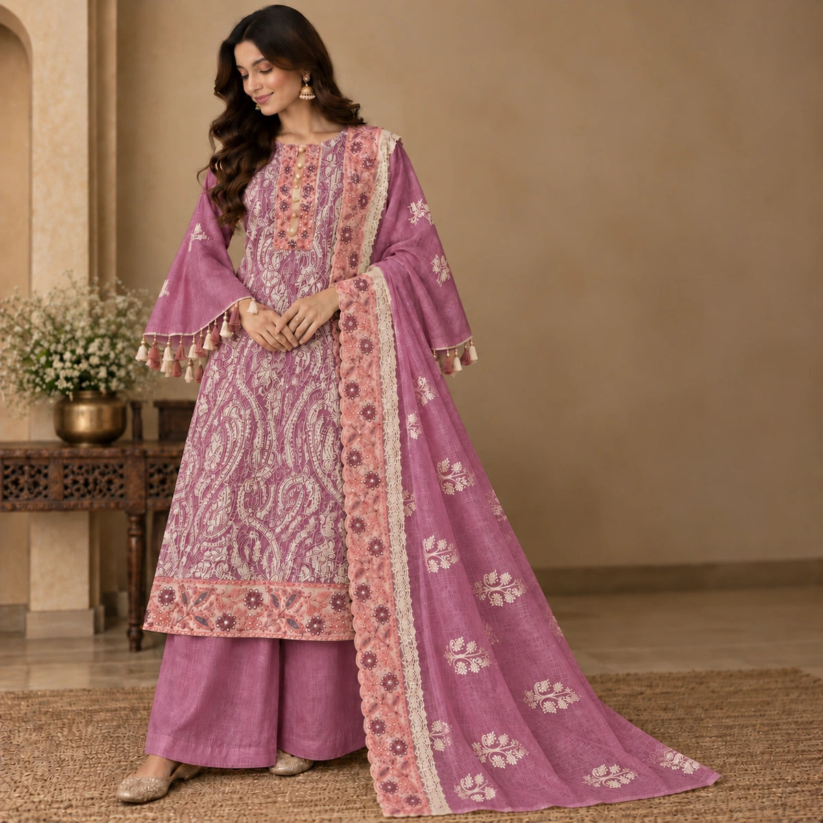 Dusty mauve embroidered suit set with paisley threadwork, pearl embellished neckline and designer embroidered dupatta for women

